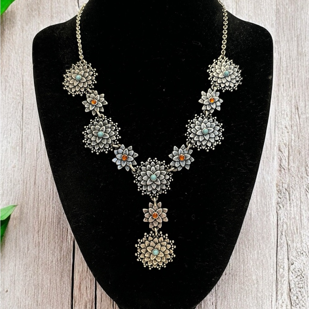 Floral Statement Necklace with Turquoise and Amber Accents